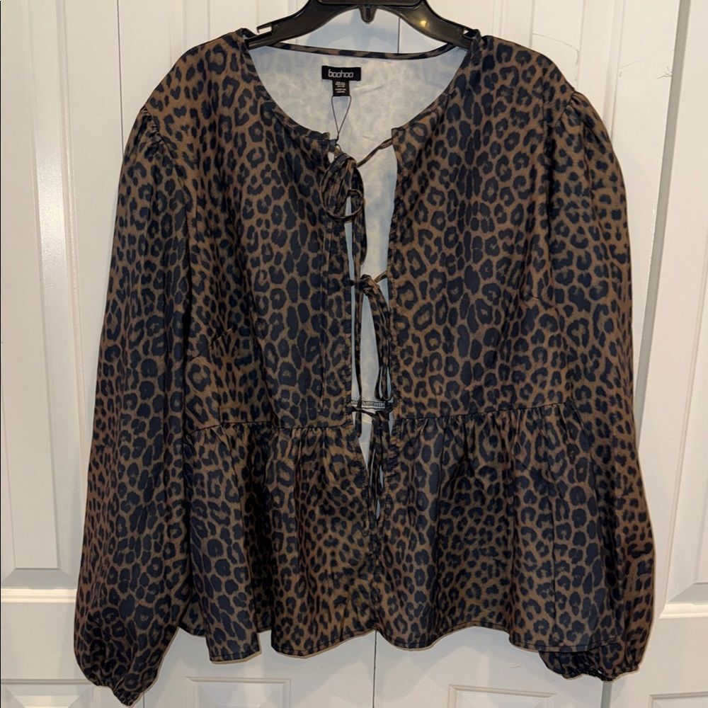 Boohoo plus‎ tie front leopard long sleeve smock